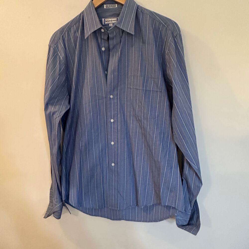 Yves Saint Laurent Blue Button Up Shirt sz 15.5 (34-35) Stripe Shirt - Picture 5 of 10